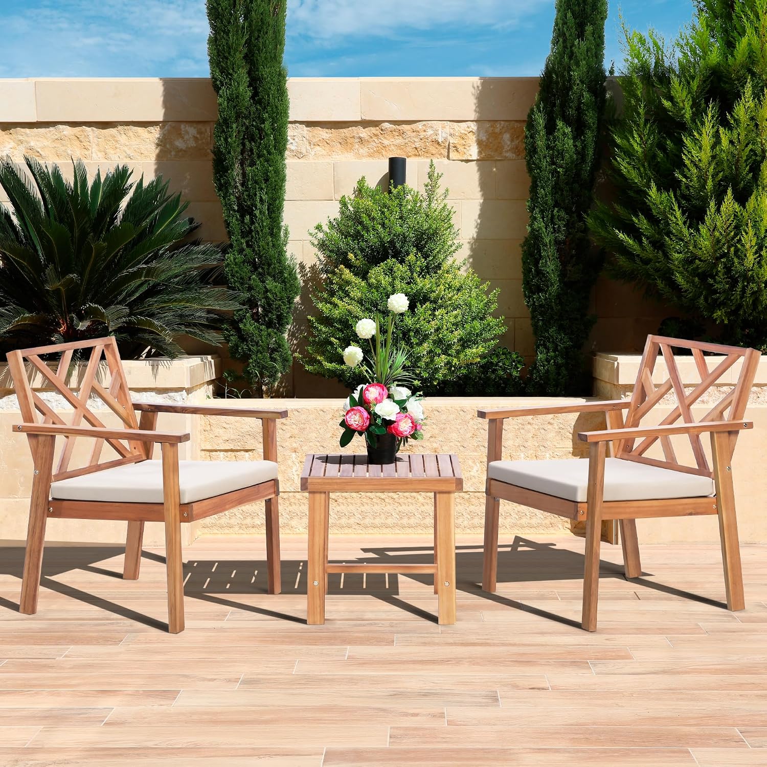 3-Piece Acacia Wood Patio Set with Cushioned Chairs