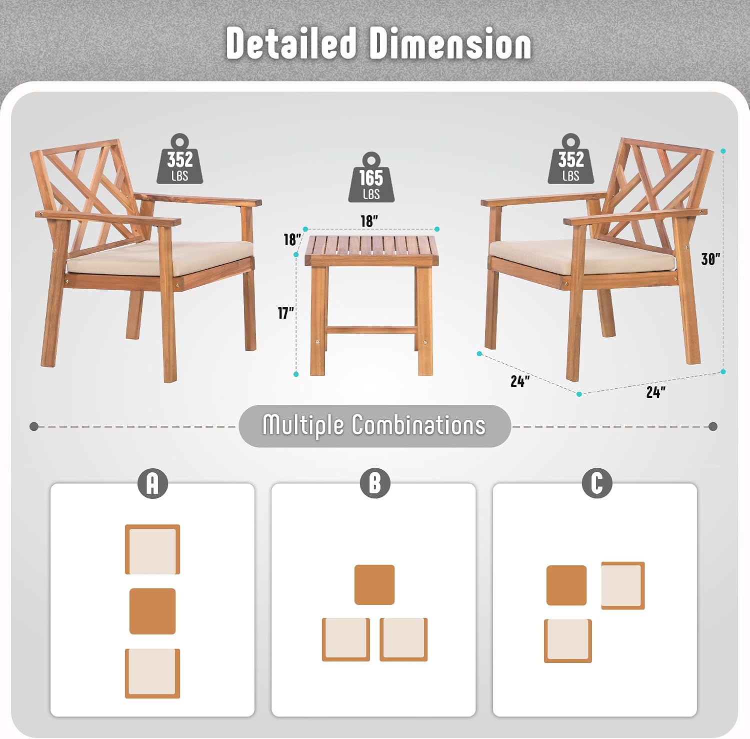 3-Piece Acacia Wood Patio Set with Cushioned Chairs