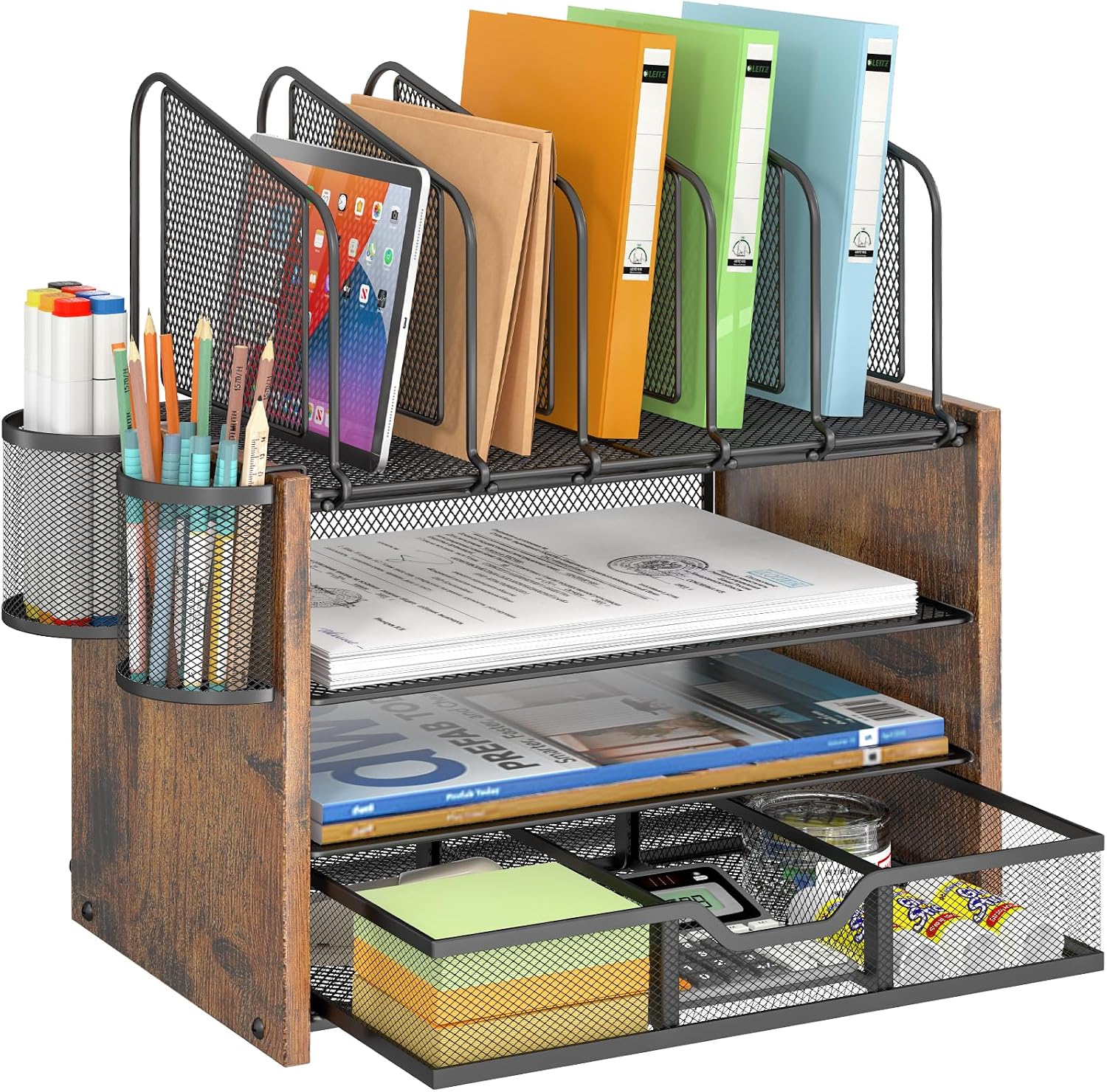 4-Tier Mesh Desk Organiser with File Holders and Drawer