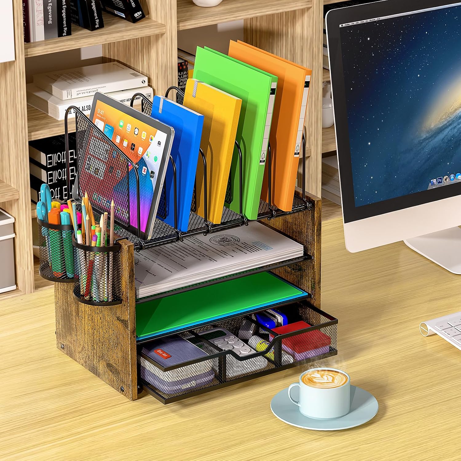 4-Tier Mesh Desk Organiser with File Holders and Drawer