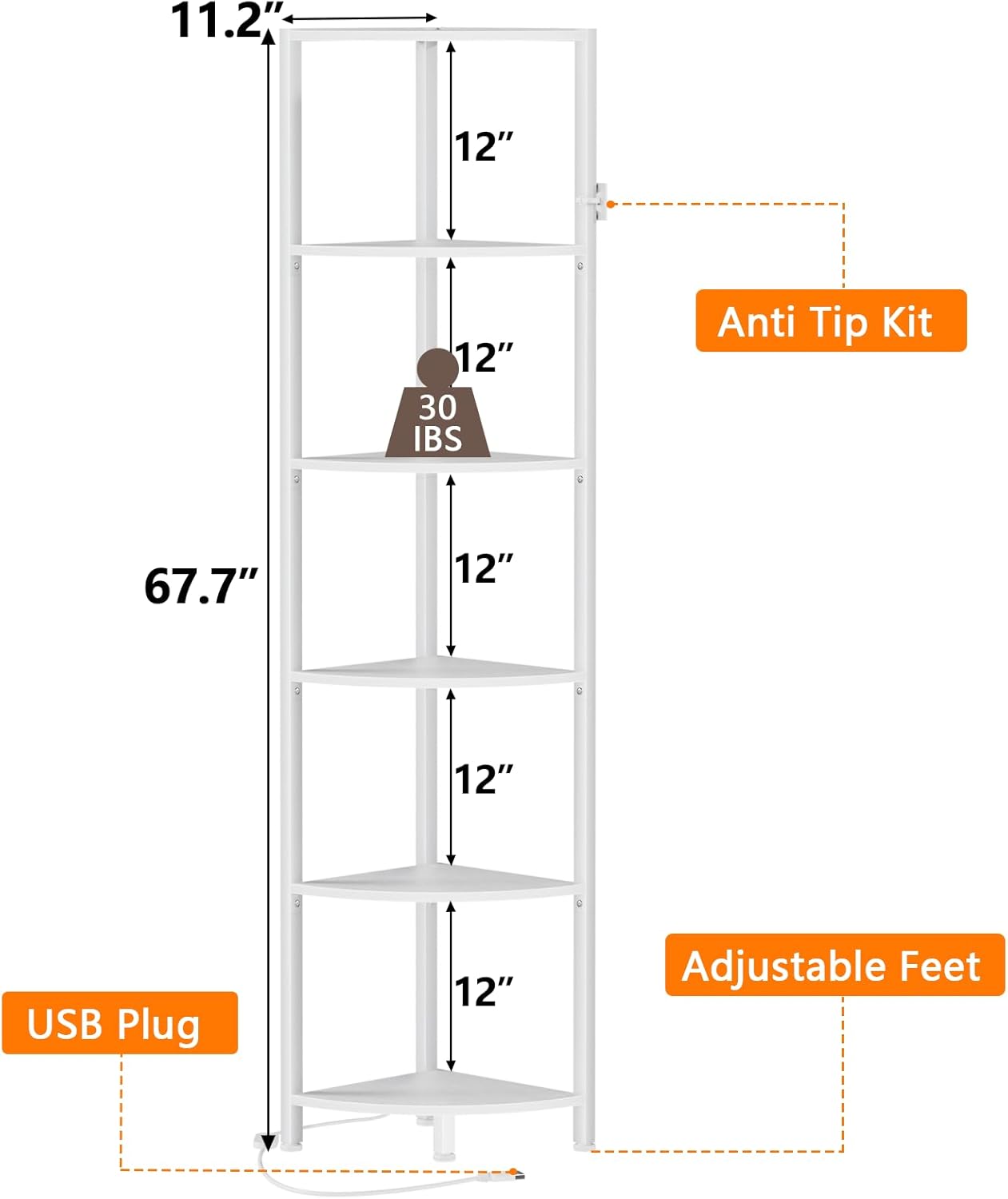 6-Tier Corner Shelf with LED Light – 67.5 inch