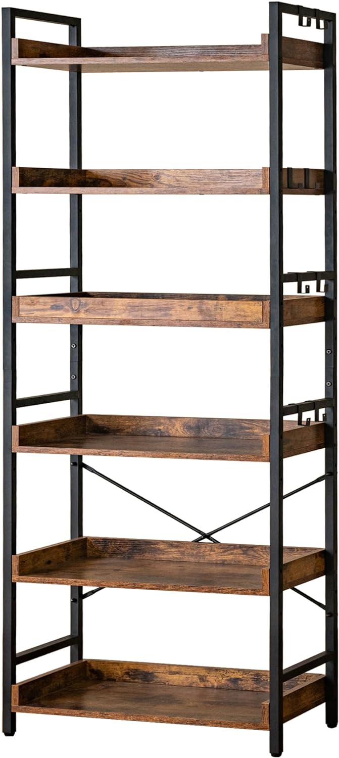 6-Tier Open Bookcase in Wood and Black Metal