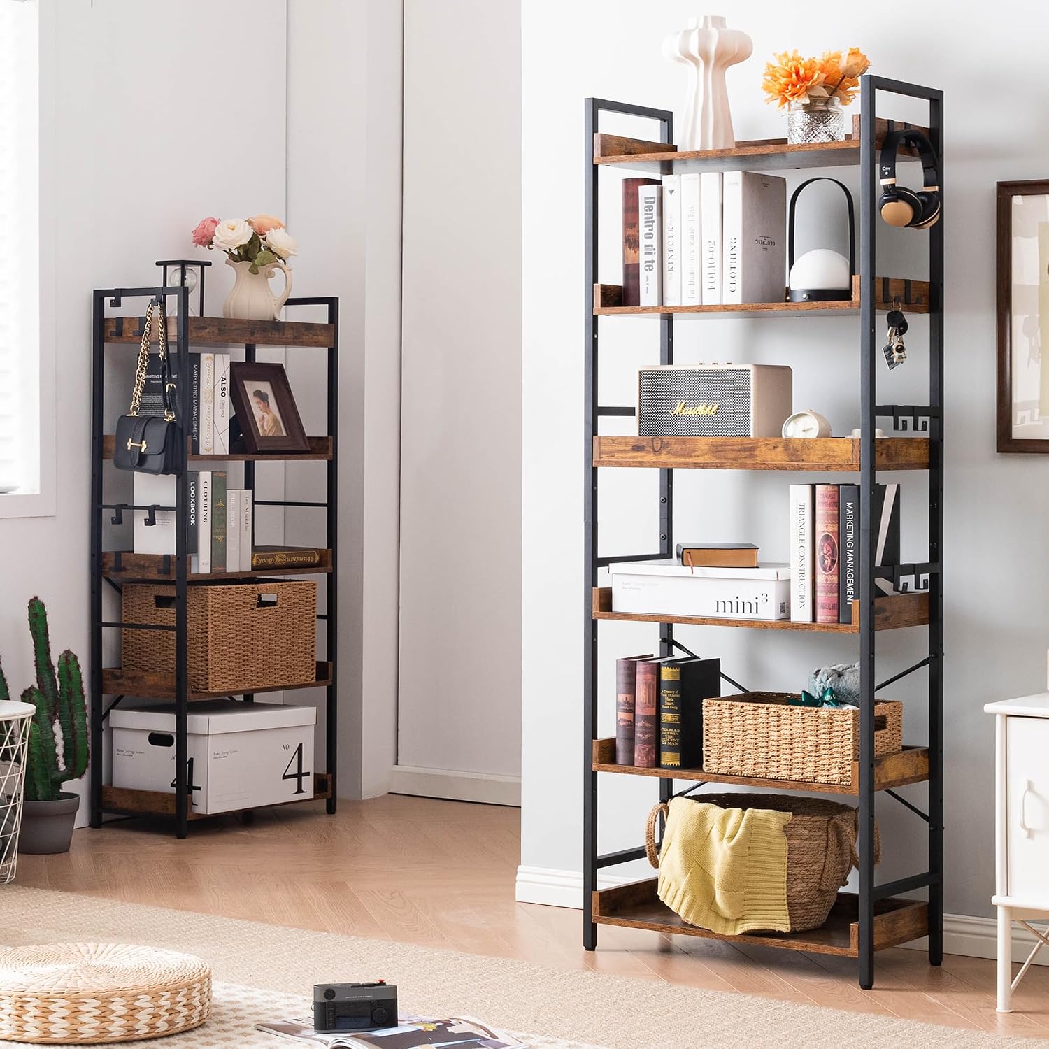 6-Tier Open Bookcase in Wood and Black Metal