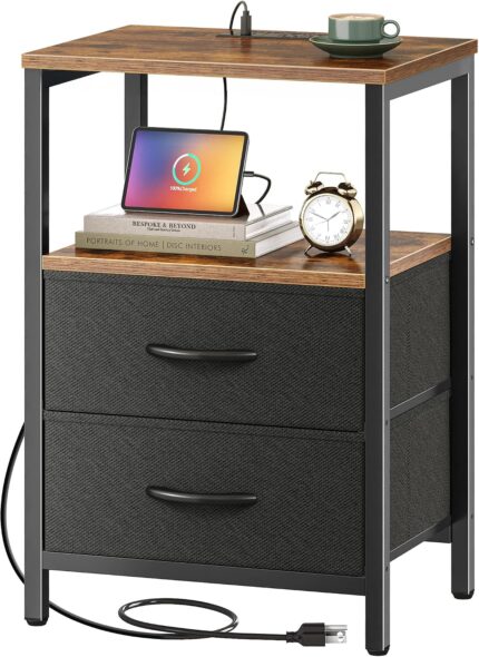 Bedside Table with Charging Station and Two Fabric Drawers