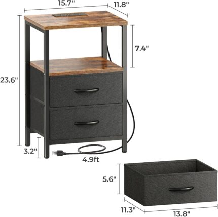 Bedside Table with Charging Station and Two Fabric Drawers