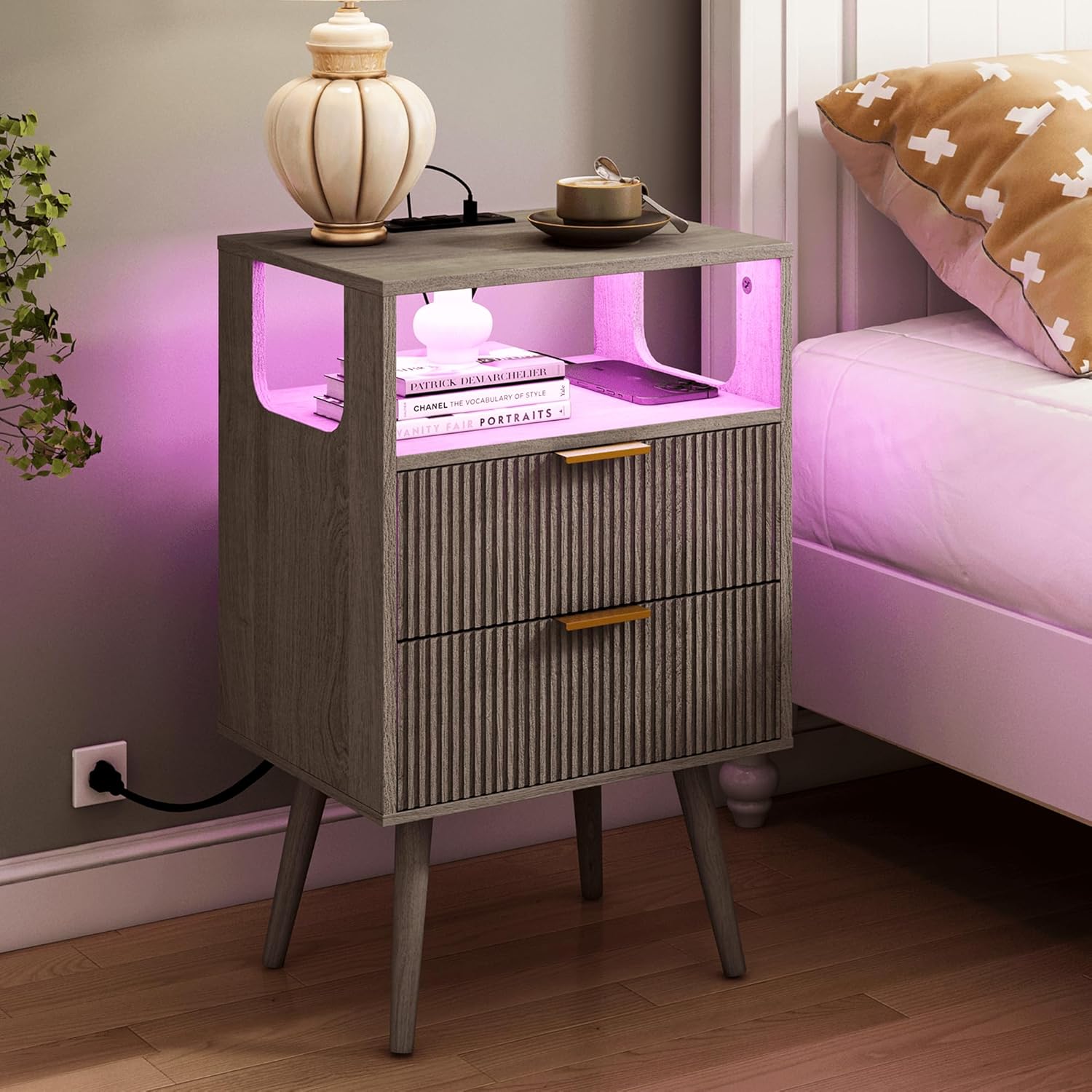 Bedside Table with LED Light, Two Drawers and Open Wood Shelf