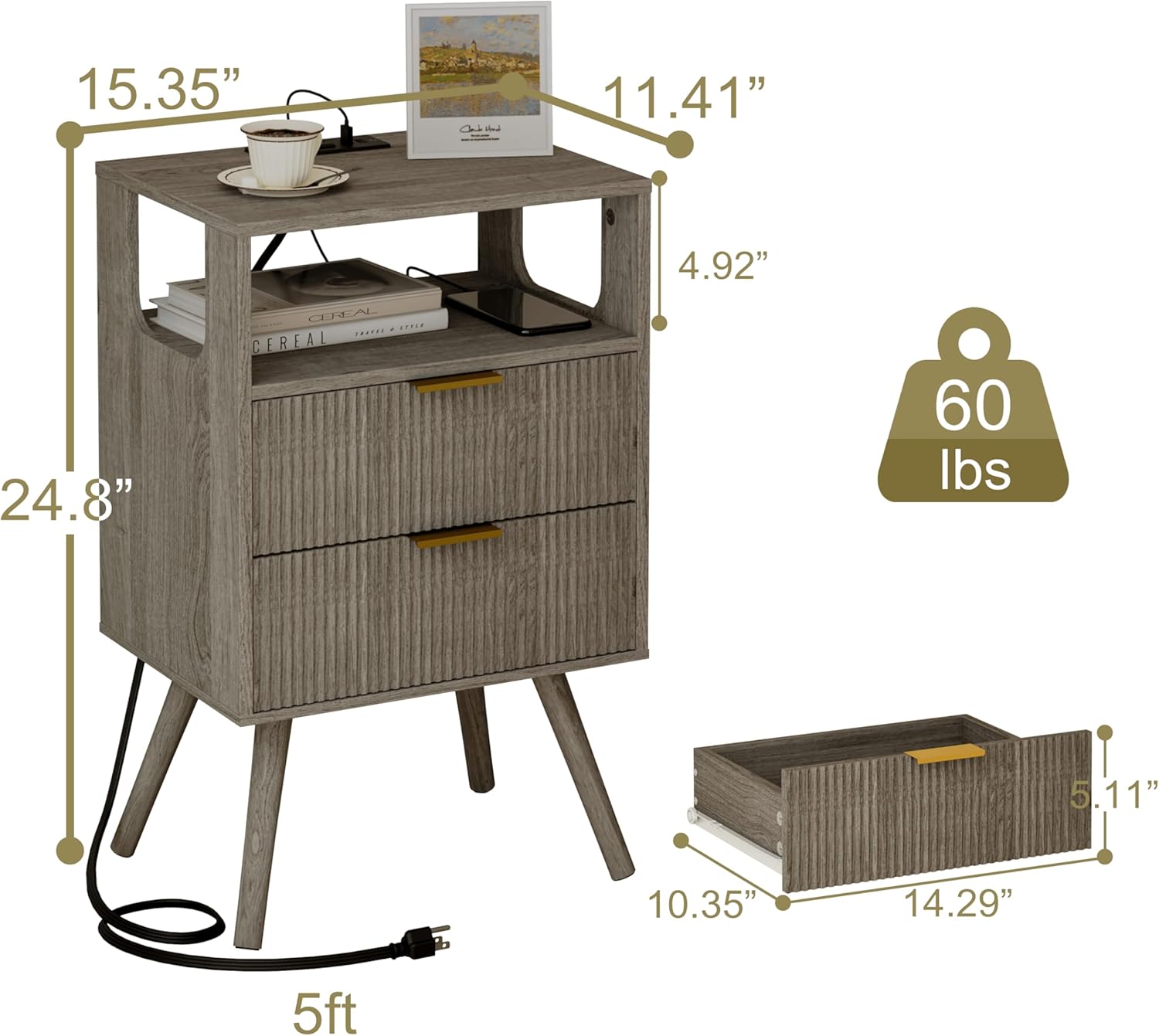 Bedside Table with LED Light, Two Drawers and Open Wood Shelf