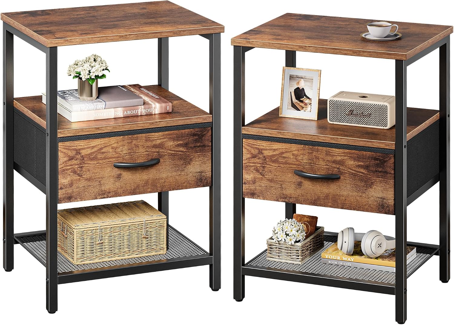 Bedside Tables, Set of 2, with Fabric Drawer and Mesh Shelf Bedside Tables, Set of 2, with Fabric Drawer and Mesh Shelf