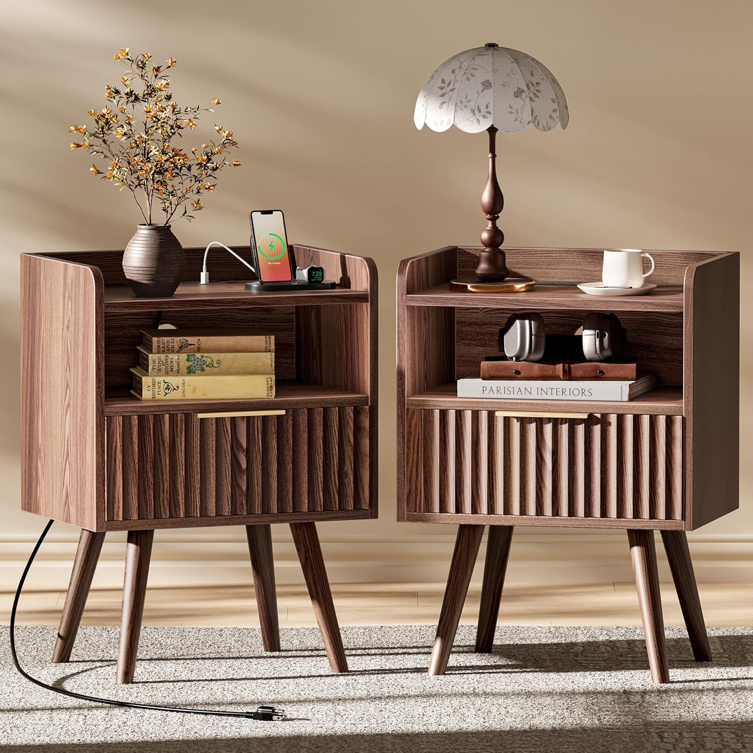 Fluted Bedside Tables, Set of 2, with USB-C Charging and Wood Feet