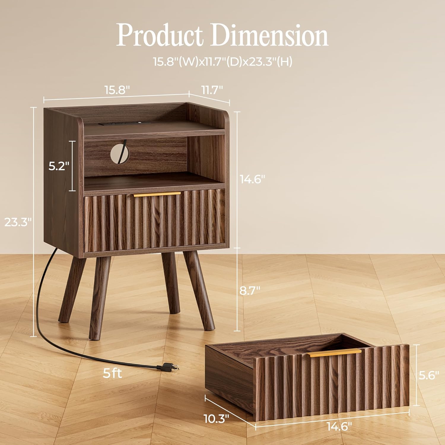 Fluted Bedside Tables, Set of 2, with USB-C Charging and Wood Feet