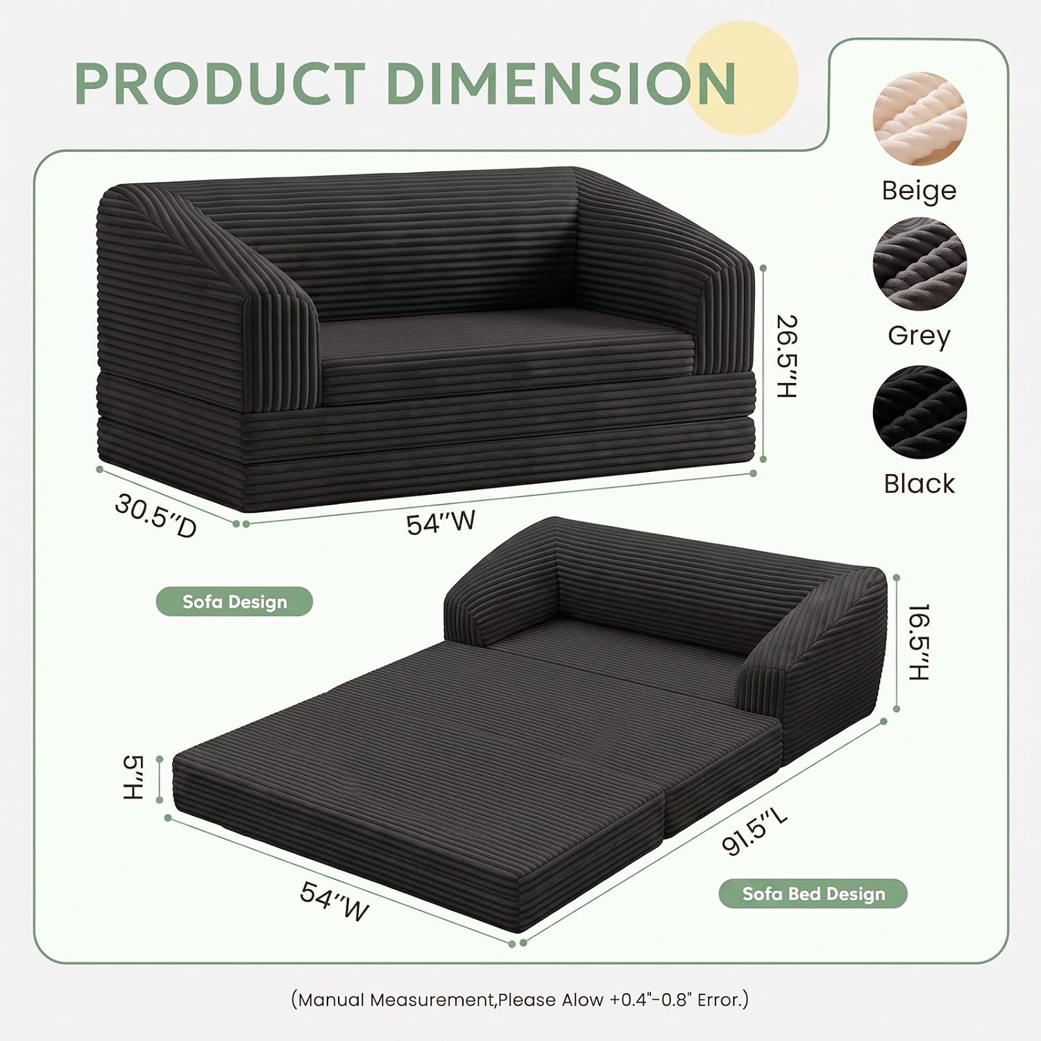 Tri-Fold Convertible Loveseat Sofa Bed with Backrest